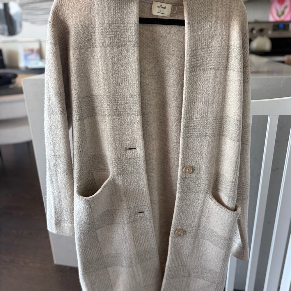 Wilfred Beige Cream Plaid Open Trench Cardigan